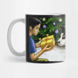 Boy and His Dog Opening Christmas Presents - Greeting Card Mug